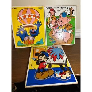 Vintage Playskool Wood Tray Puzzle Lot Grover Mickey Mouse Three Little Pigs